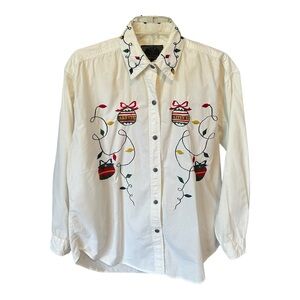 Vintage New Directions Women's Ugly Christmas Blouse Sz LG White Appliques FLAW